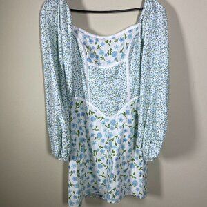 Sabo Women's Zhar Dress Blue Vintage Floral Corset Bodice Puff Sleeves S Cotton